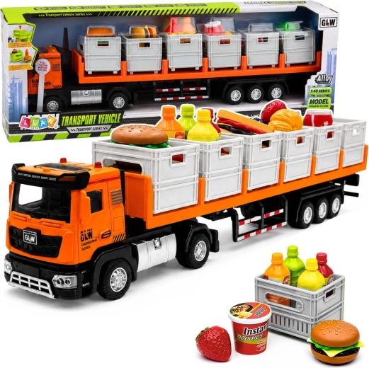 Transportný kamión s návesom a potravinami na batérie 1:40 oranžový