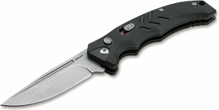 Böker Plus Intention II Black automatický taktický nôž 8 cm so stonewash úpravou a rukoväťou G10