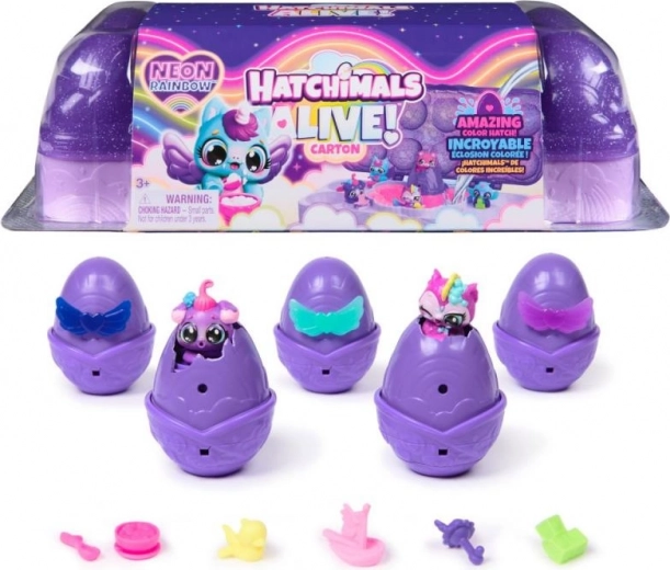 Hatchimals kartón Neónová dúha – neónová liaheň s 5 vajíčkami a figúrkami