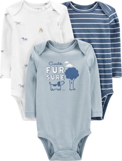 Carter’s detské body s dlhým rukávom Blue Dogs, 3 ks, novorodenecká veľkosť 56