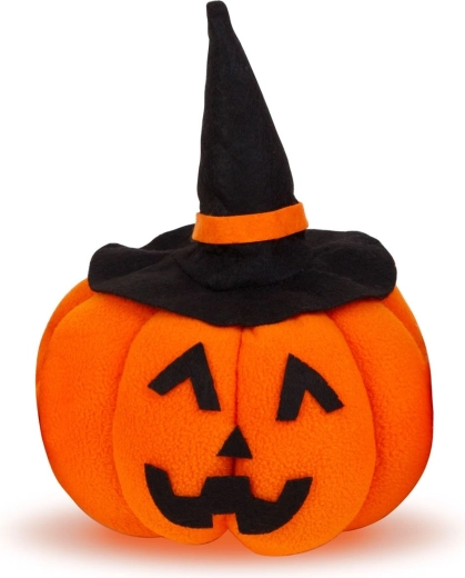 Halloweenska textilná tekvicová dekorácia s čiernym klobúkom