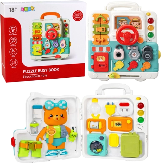 Interaktívna manipulačná kniha – edukačný busy board so svetlami a zvukmi, 16 prvkov