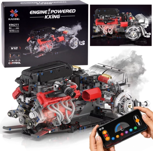 KXING technická stavebnica – zostavte funkčný V12 motor s parným generátorom, 1610 dielikov