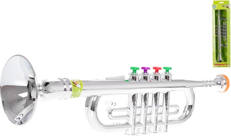 Detská trúbka 37,5 cm so strieborným leskom a farebnými klapkami