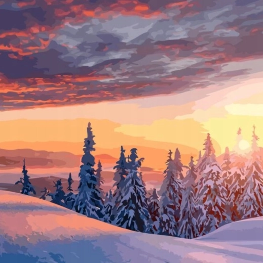 Diamantové maľovanie – pohľad na zasneženú zimnú krajinu 30 × 40 cm