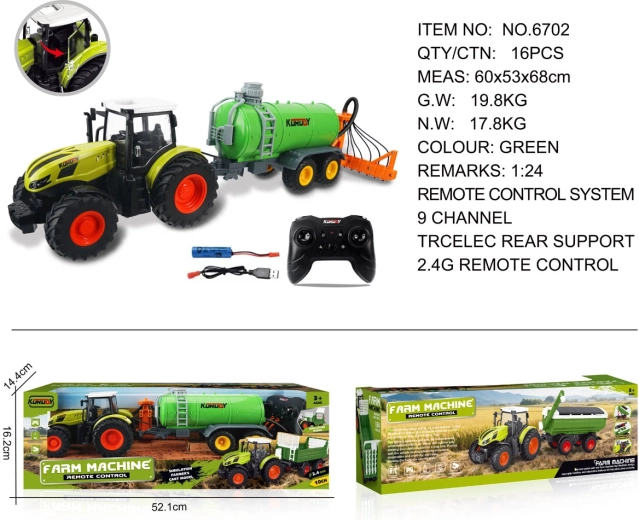 Traktor na diaľkové ovládanie so zeleným cisternovým vozom a zhrňovačom sena 1:24