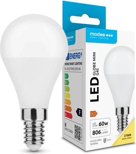 Modee LED žiarovka Globe Mini G45 8,5 W E14, 806 lm, teplá biela