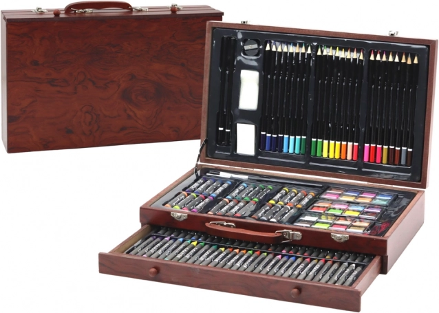 Umelecká sada v drevenom kufríku pastelky, pastelové ceruzky, farby