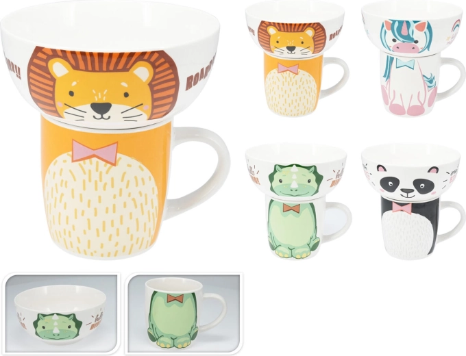 Detská porcelánová sada – hrnček a miska, mix zvieracích dekorov