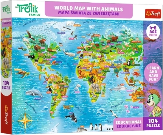 Detské vzdelávacie puzzle Mapa sveta so zvieratami (104 dielikov)