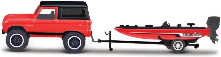 Maisto Design Tow & Go – 1966 Ford Bronco s prívesom a motorovým člnom 1:64