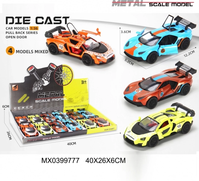 Kovové pretekárske autíčko 1:36 s otváracími dverami a pohonom na zotrvačník