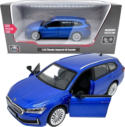 Kovový model Škoda Superb IV Combi 1:35 modrý so svetlami a zvukmi