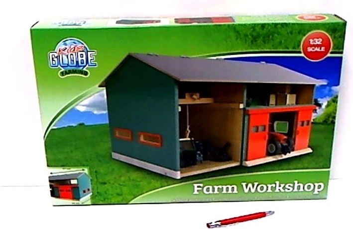 Kids Globe drevená farmárska dielňa a garáž s otváracou strechou 1:32