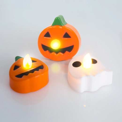 Halloweenske LED čajové sviečky – tekvica a duch – 3 kusy