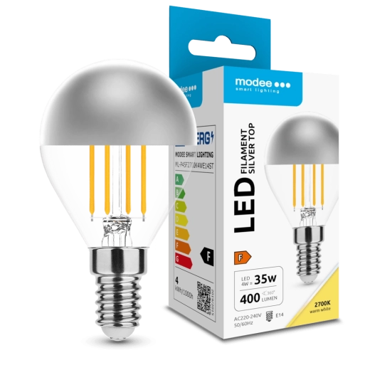 Modee LED žiarovka Filament Globe Mini P45 Silver Top 4 W E14, 400 lm, teplá biela