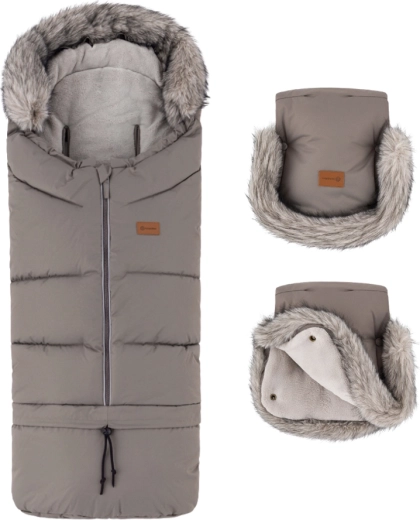 Petite&Mars zimný set: fusak Arctic 4v1 + rukavice na kočík Furry mocha mousse