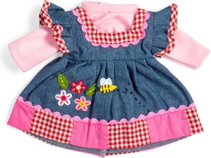 Bigjigs Toys džínsové šaty s ružovým lemom pre bábiku 34 cm