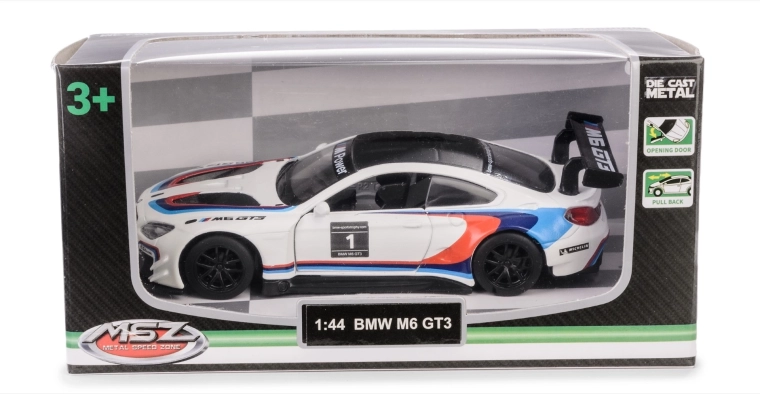 Model BMW M6 GT3 1:44 s otváracími dverami a pull-back mechanizmom