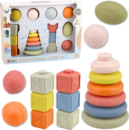Senzorický set pre bábätká – mäkké loptičky, číselné kocky a skladacie krúžky, 18 ks