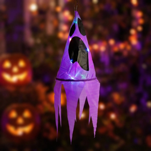 Halloweenová závesná svetelná dekorácia duch fialová s 10 farebnými LED