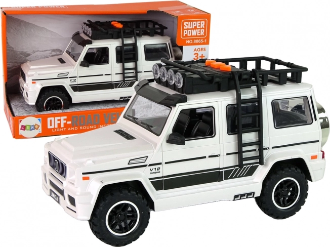 Biele terénne auto na batérie so svetlami a zvukmi