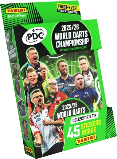 World Darts Championship 2026 kompaktná plechová krabička so samolepkami