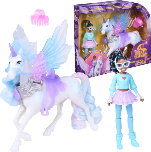 Spin Master Unicorn Academy mágia krídel – bábika Layla a jednorožec Glacier s doplnkami