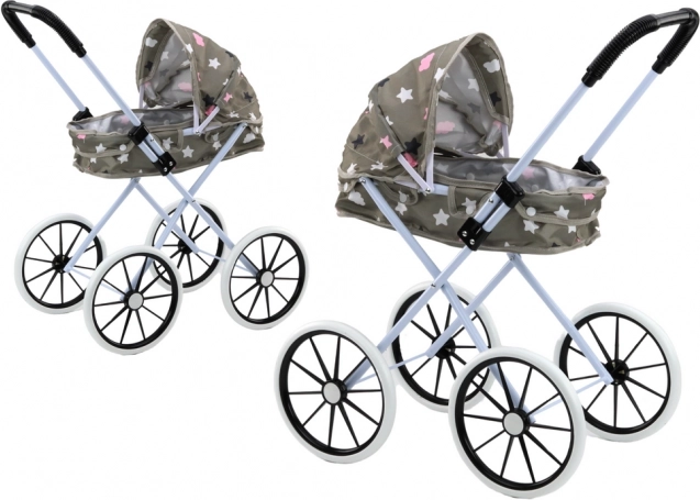 Kočík pre bábiky so skladacou strieškou, veľké penové kolesá, sivý s hviezdičkami