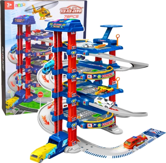 Veľké viacúrovňové parkovisko s elektrickým výťahom a dráhou pre autíčka