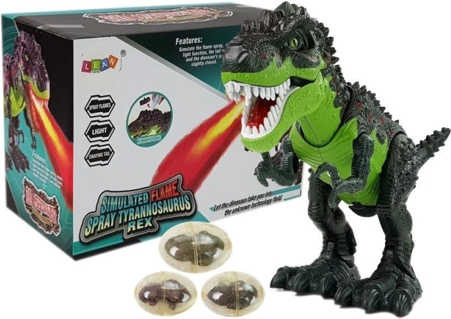 Interaktívny dinosaurus T‑Rex na batérie – kladie vajcia a chrlí paru, zelený
