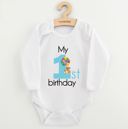 Detské body New Baby My 1st birthday modré s dlhým rukávom