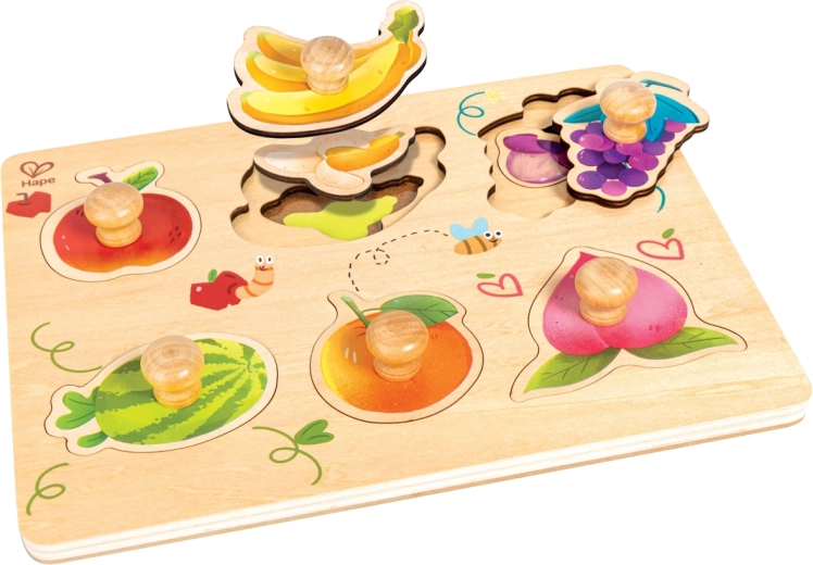 Drevené vrstvené puzzle ovocie Hape s úchytmi