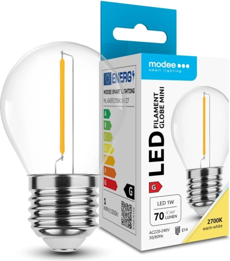 Modee LED filament mini žiarovka G45 1W E27, teplá biela 2700K, 70 lm