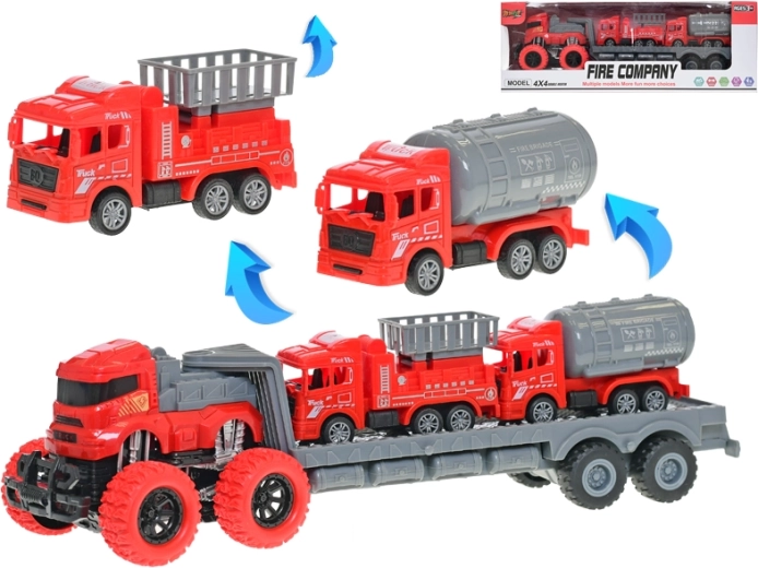 Ťahač s návesom na zotrvačník s požiarnymi vozidlami