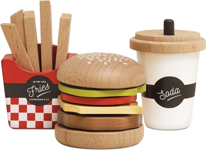 Drevený herný set 3v1 hamburger, hranolky a nápoj Le Toy Van
