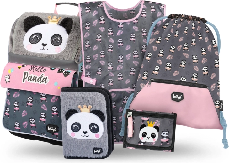 Školský set BAAGL Zippy Panda – aktovka, peračník, vrecúško, zástera a peňaženka