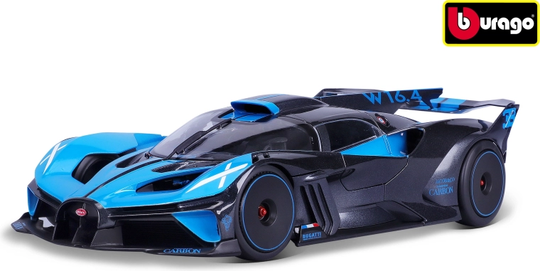 Model auta Bugatti Bolide v mierke 1:18, metalická čierna a modrá