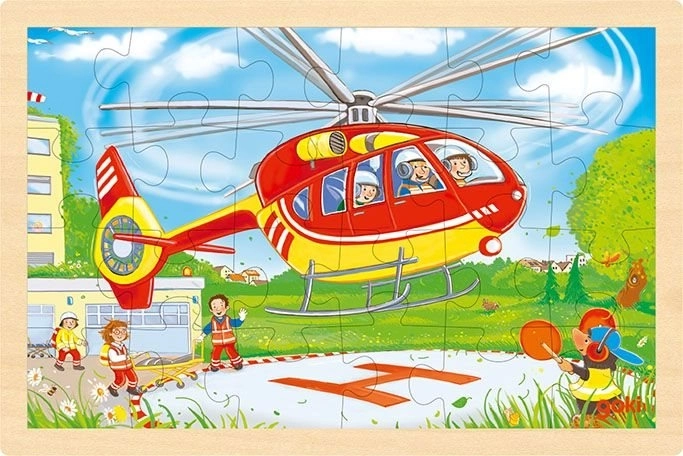 Drevené obojstranné puzzle hasiči a vrtuľník 24 dielikov Goki