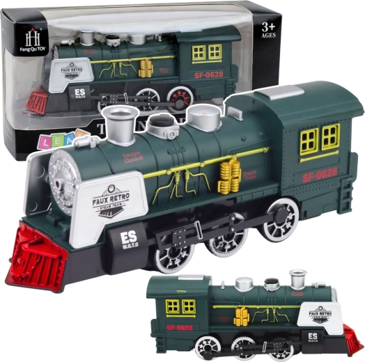Klasická zelená parná lokomotíva s dymom, svetlami, zvukmi a senzorom prekážok