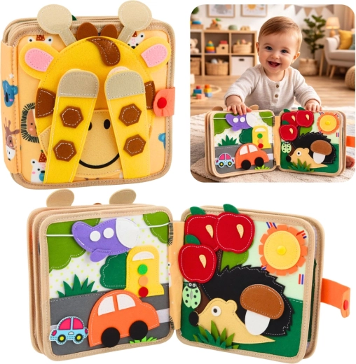 Zmyslová filcová knižka so žirafou – edukatívna tichá kniha pre deti