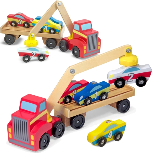 Melissa & Doug drevené odťahové vozidlo s magnetickým žeriavom a autíčkami