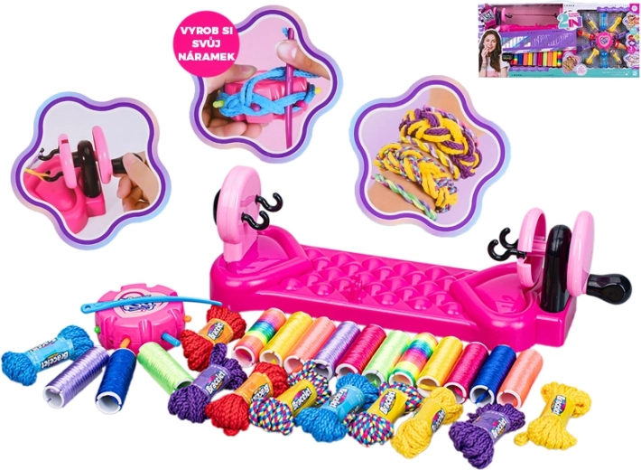 Súprava na pletenie náramkov s pletacím stavom a farebnými šnúrkami