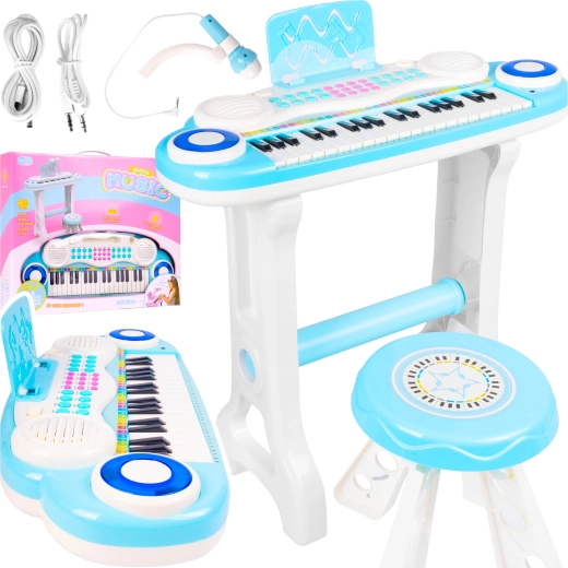 Detské elektronické piano s mikrofónom a stoličkou mp3, modré