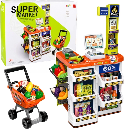 Detský supermarket s pokladňou, skenerom a nákupným vozíkom (cca 60 dielov)