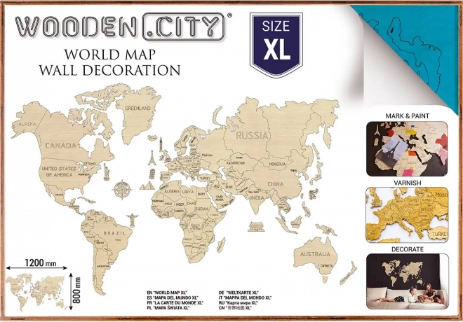 Drevená mapa sveta na 3D stenu XL – prírodná tyrkysová