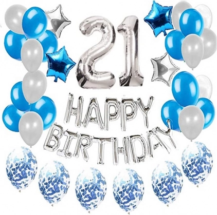 Sada balónikov na 21. narodeniny – strieborné a modré