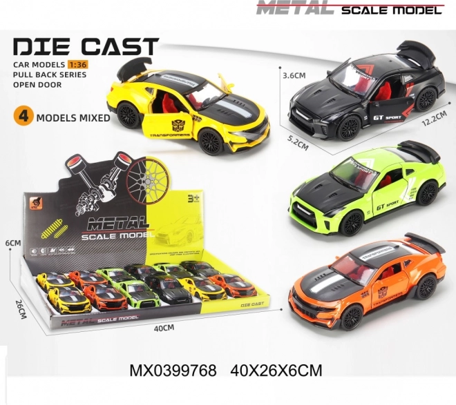 Športové kovové autíčko 1:36 s otváracími dverami a naťahovacím pohonom