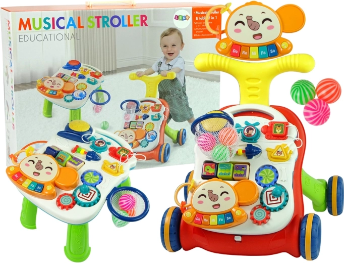 Interaktívne chodítko a vzdelávací stolík 2v1 – červené