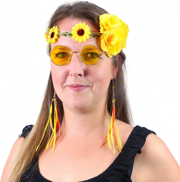 Sada Hippies Žltá - čelenka, Náušnice a Okuliare